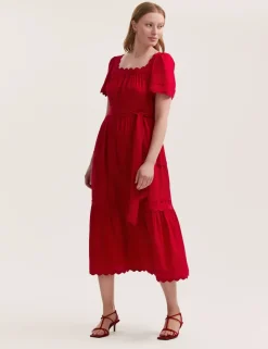 Pure Cotton Square Neck Midi Tiered Dress