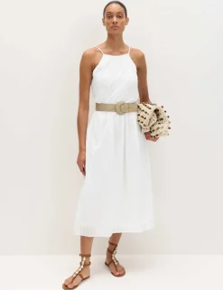 Pure Cotton Square Neck Strappy Midaxi Waisted Dress
