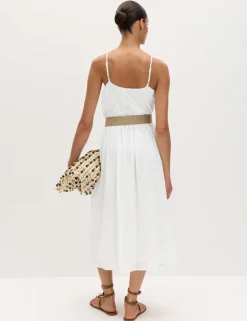 Pure Cotton Square Neck Strappy Midaxi Waisted Dress
