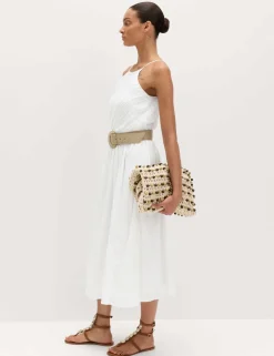Pure Cotton Square Neck Strappy Midaxi Waisted Dress