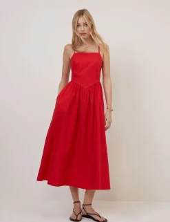 Pure Cotton Strappy Midi Waisted Dress