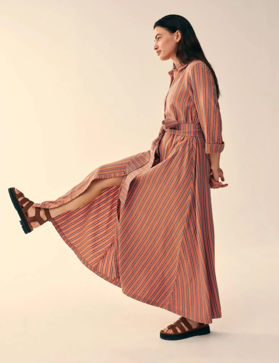 Pure Cotton Striped Belted Maxi Shirt Dress