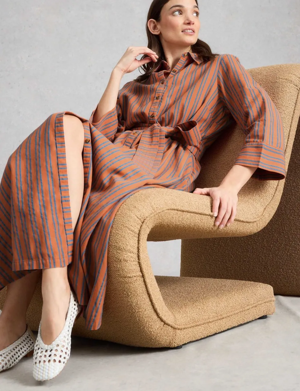 Pure Cotton Striped Belted Maxi Shirt Dress