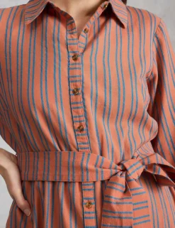 Pure Cotton Striped Belted Maxi Shirt Dress