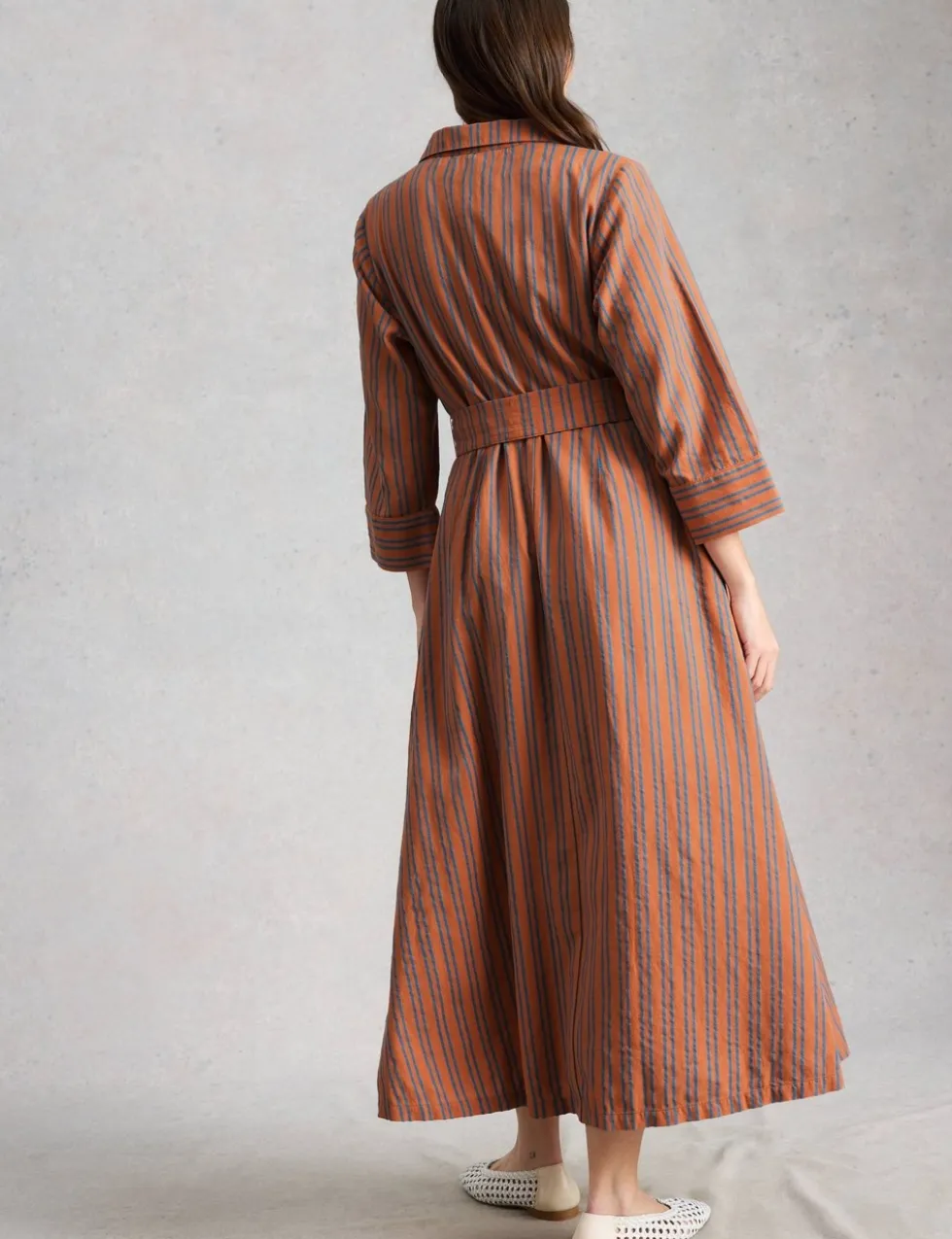 Pure Cotton Striped Belted Maxi Shirt Dress