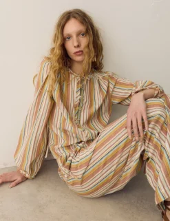 Pure Cotton Striped Blouson Sleeve Blouse