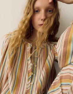 Pure Cotton Striped Blouson Sleeve Blouse