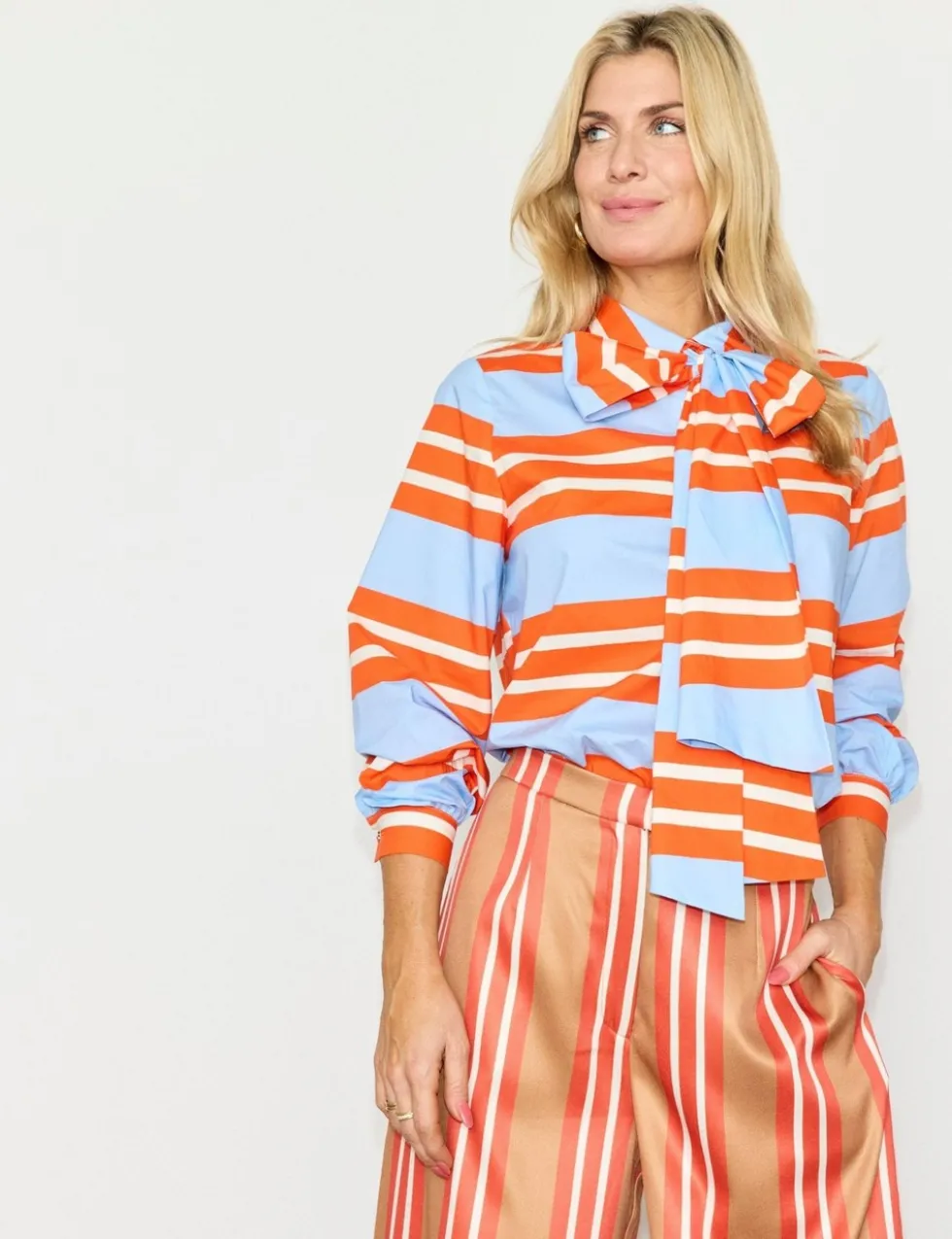 Pure Cotton Striped Bow Tie Neck Relaxed Shirt