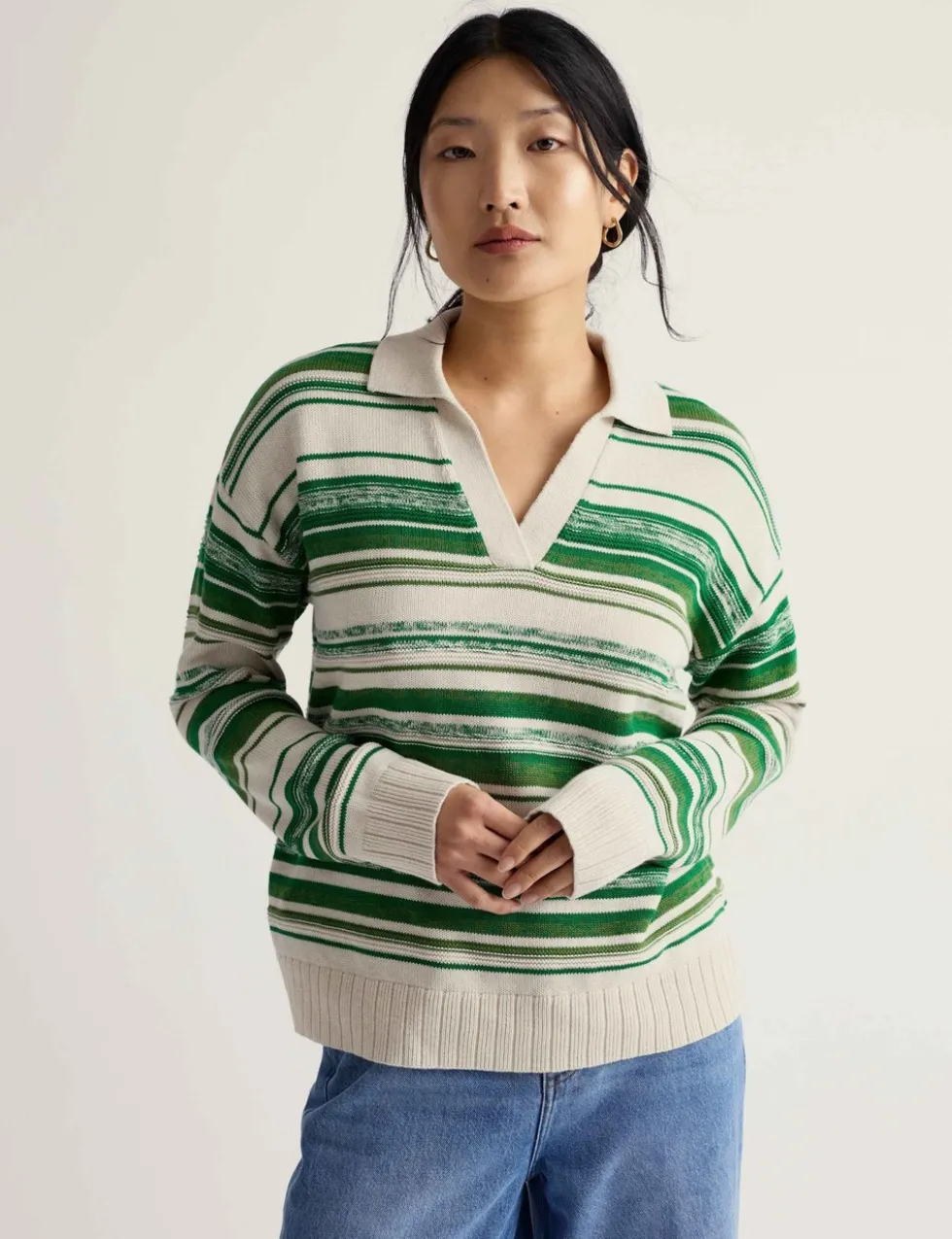 Pure Cotton Striped Collared Relaxed Jumper