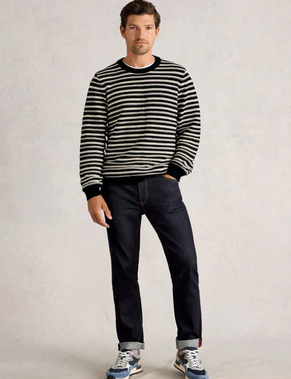 Pure Cotton Striped Crew Neck Jumper