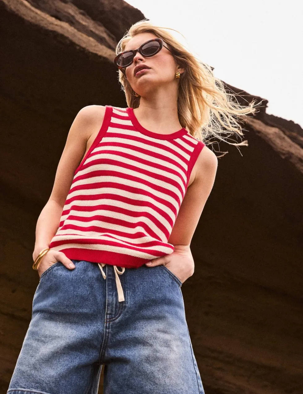 Pure Cotton Striped Crew Neck Vest Top