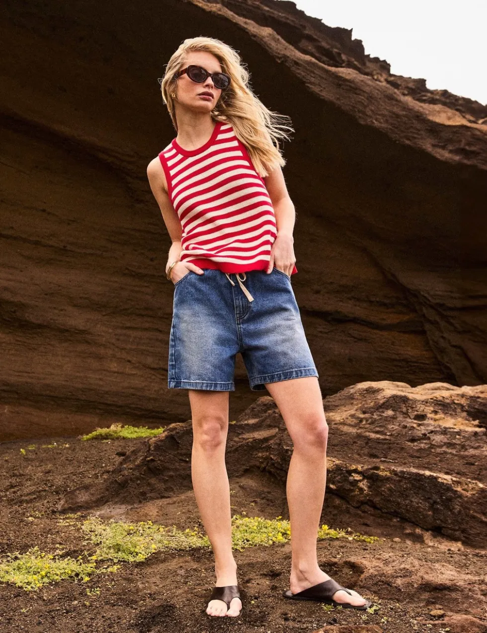 Pure Cotton Striped Crew Neck Vest Top