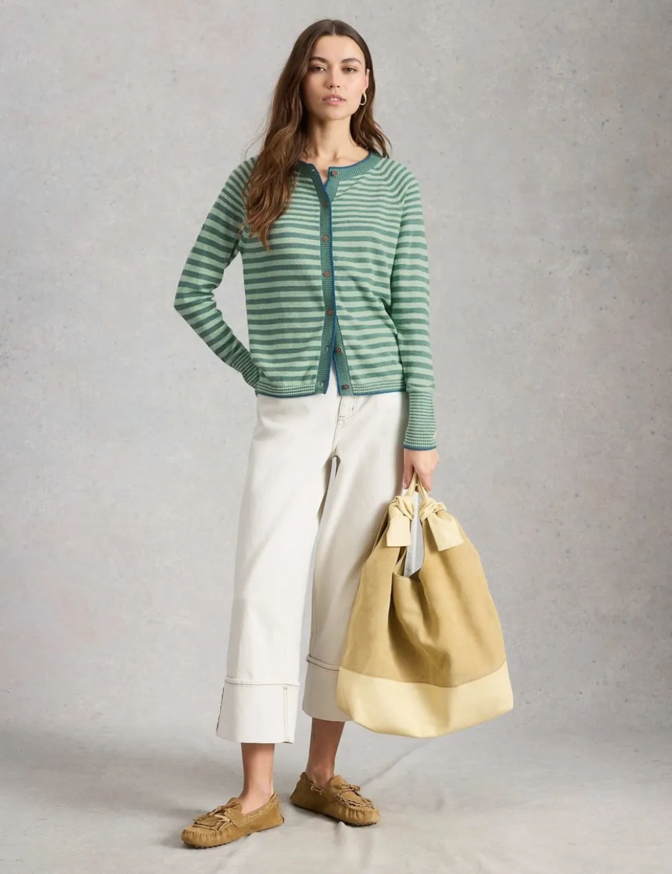 Pure Cotton Striped Crew Neck Cardigan