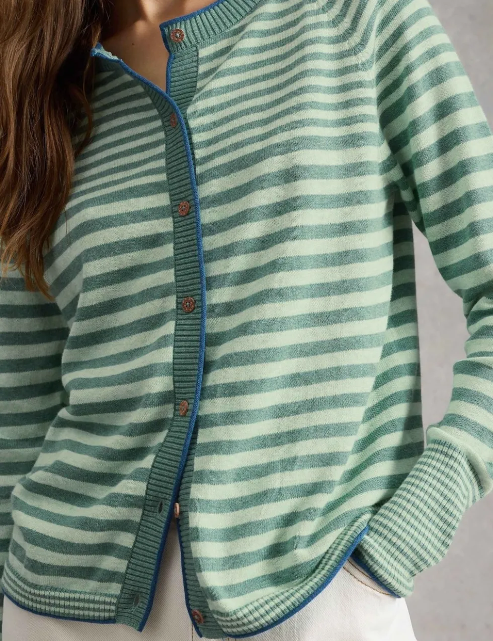 Pure Cotton Striped Crew Neck Cardigan