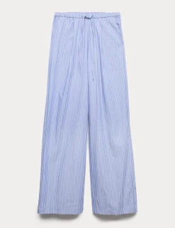 Pure Cotton Striped Drawstring Wide Leg Trousers