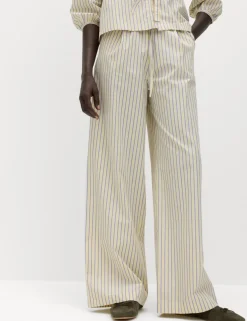 Pure Cotton Striped Drawstring Wide Leg Trousers