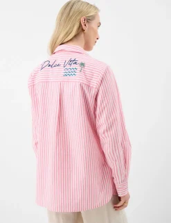 Pure Cotton Striped Embroidered Beach Shirt