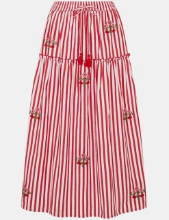Pure Cotton Striped Embroidered Midi Skirt