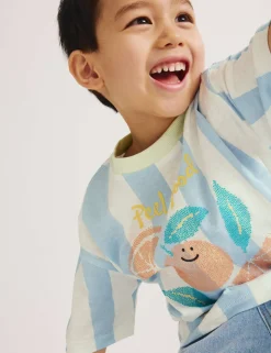 Pure Cotton Striped Graphic T-Shirt (2-8 Yrs)