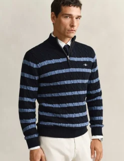 Pure Cotton Striped Half Zip Cable Jumper