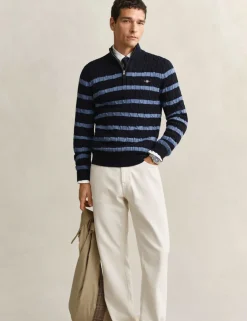 Pure Cotton Striped Half Zip Cable Jumper