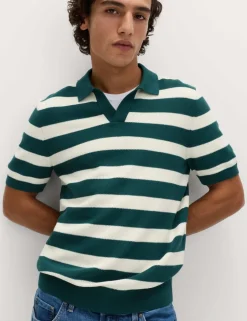Pure Cotton Striped Knitted Polo Shirt