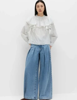 Pure Cotton Striped Lace Detail Blouse