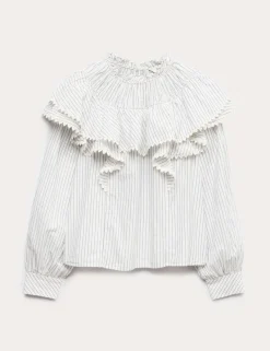 Pure Cotton Striped Lace Detail Blouse