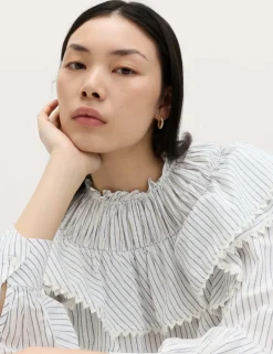 Pure Cotton Striped Lace Detail Blouse