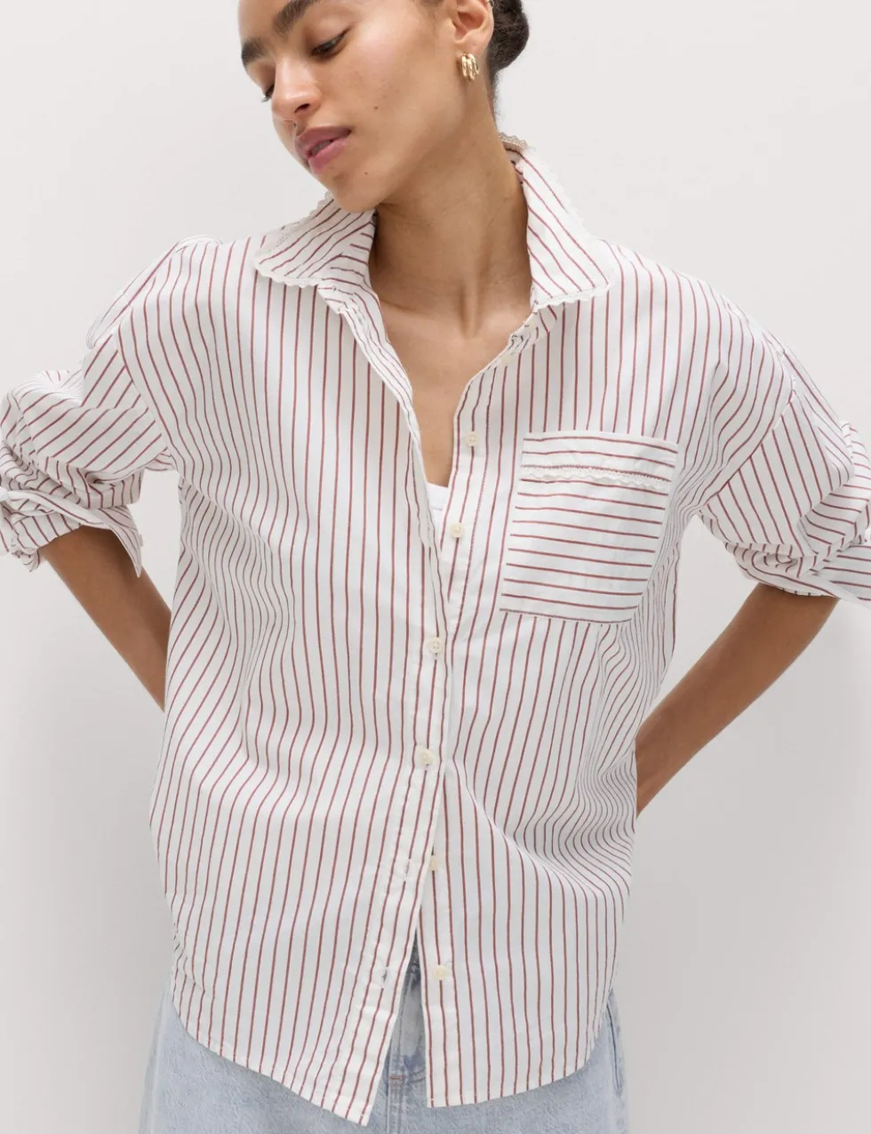 Pure Cotton Striped Lace Oversized Shirt