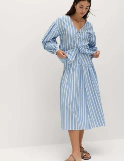 Pure Cotton Striped Midi Drop Waist Skirt