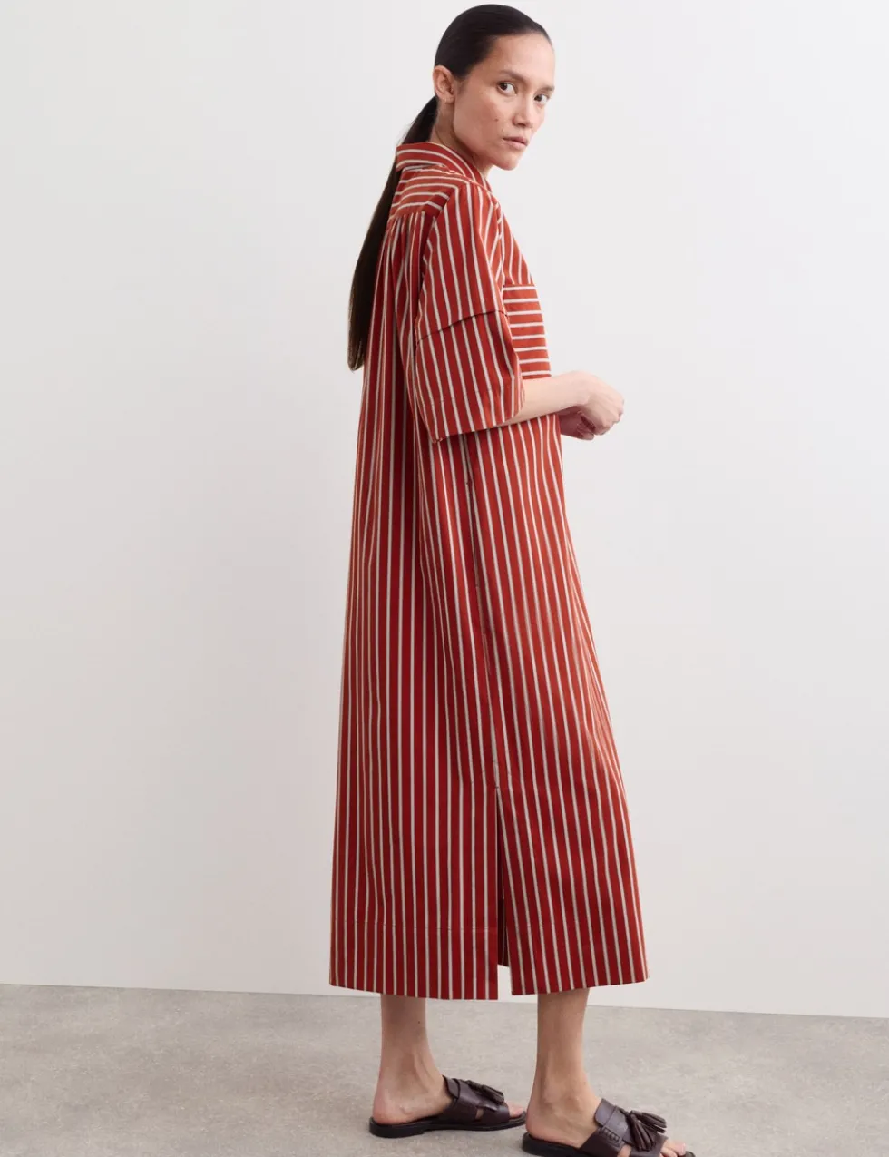 Pure Cotton Striped Midi Shirt Dress