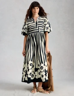 Pure Cotton Striped Midi Waisted Dress