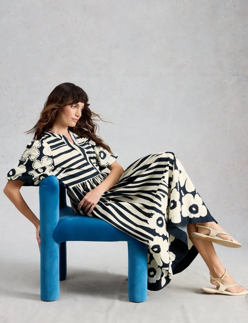 Pure Cotton Striped Midi Waisted Dress