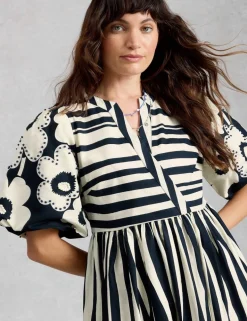 Pure Cotton Striped Midi Waisted Dress