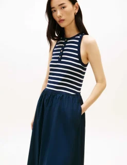 Pure Cotton Striped Midi Skater Dress