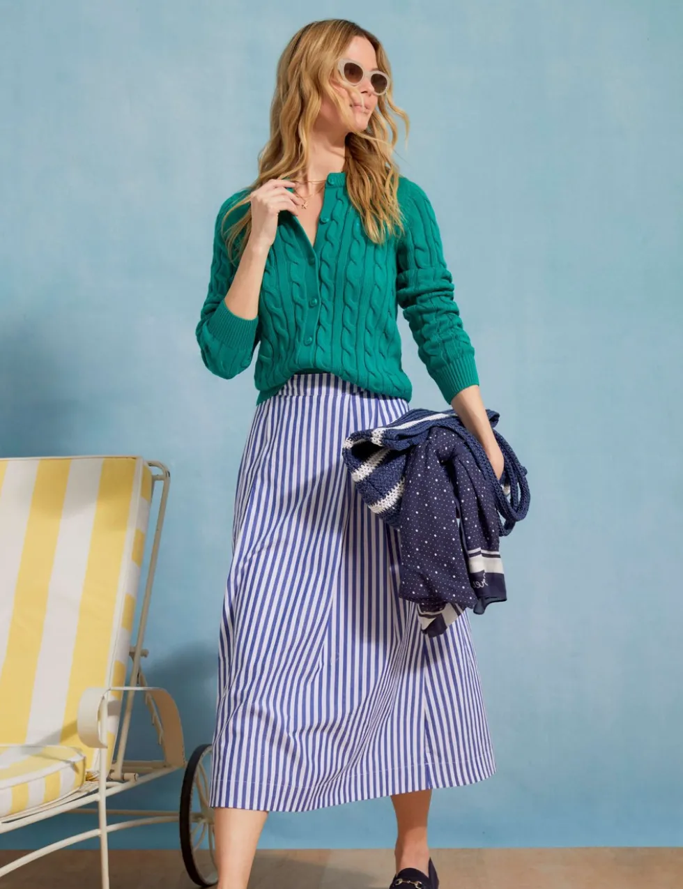 Pure Cotton Striped Midi A-Line Skirt