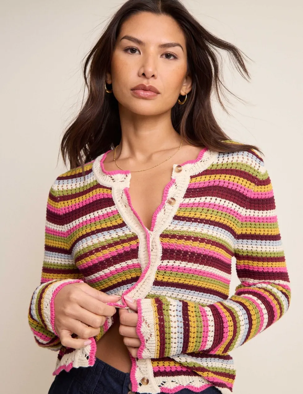 Pure Cotton Striped Mock Crochet Cardigan
