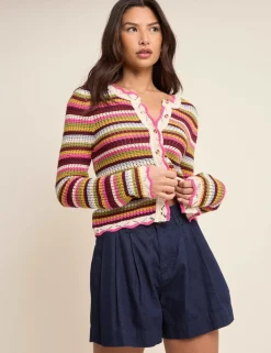 Pure Cotton Striped Mock Crochet Cardigan