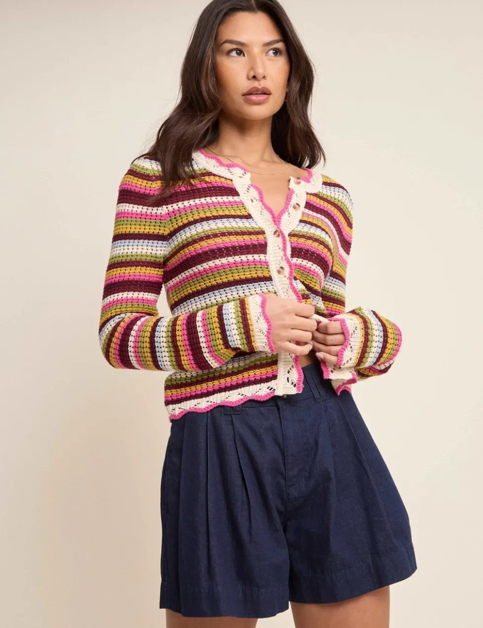 Pure Cotton Striped Mock Crochet Cardigan