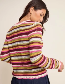 Pure Cotton Striped Mock Crochet Cardigan