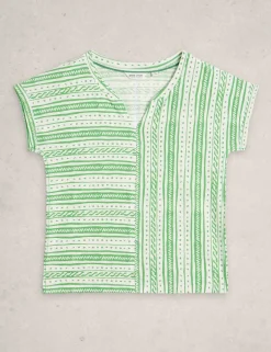 Pure Cotton Striped Notch Neck T-Shirt