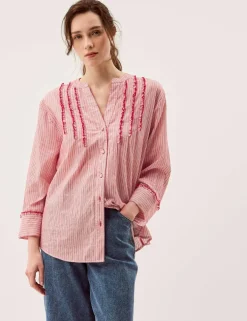 Pure Cotton Striped Notch Neck Ruffle Shirt