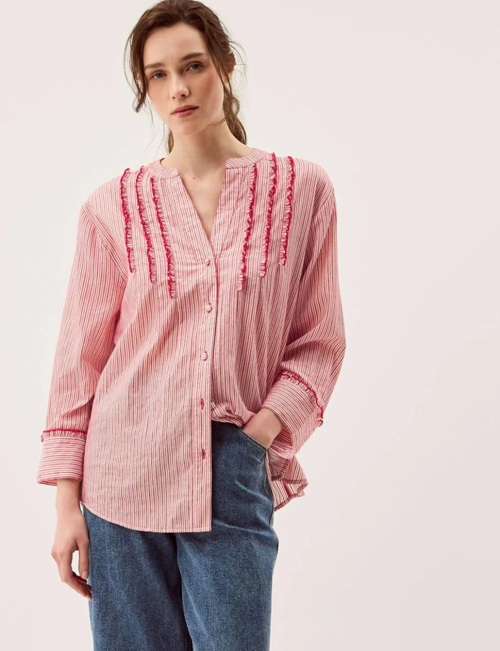 Pure Cotton Striped Notch Neck Ruffle Shirt