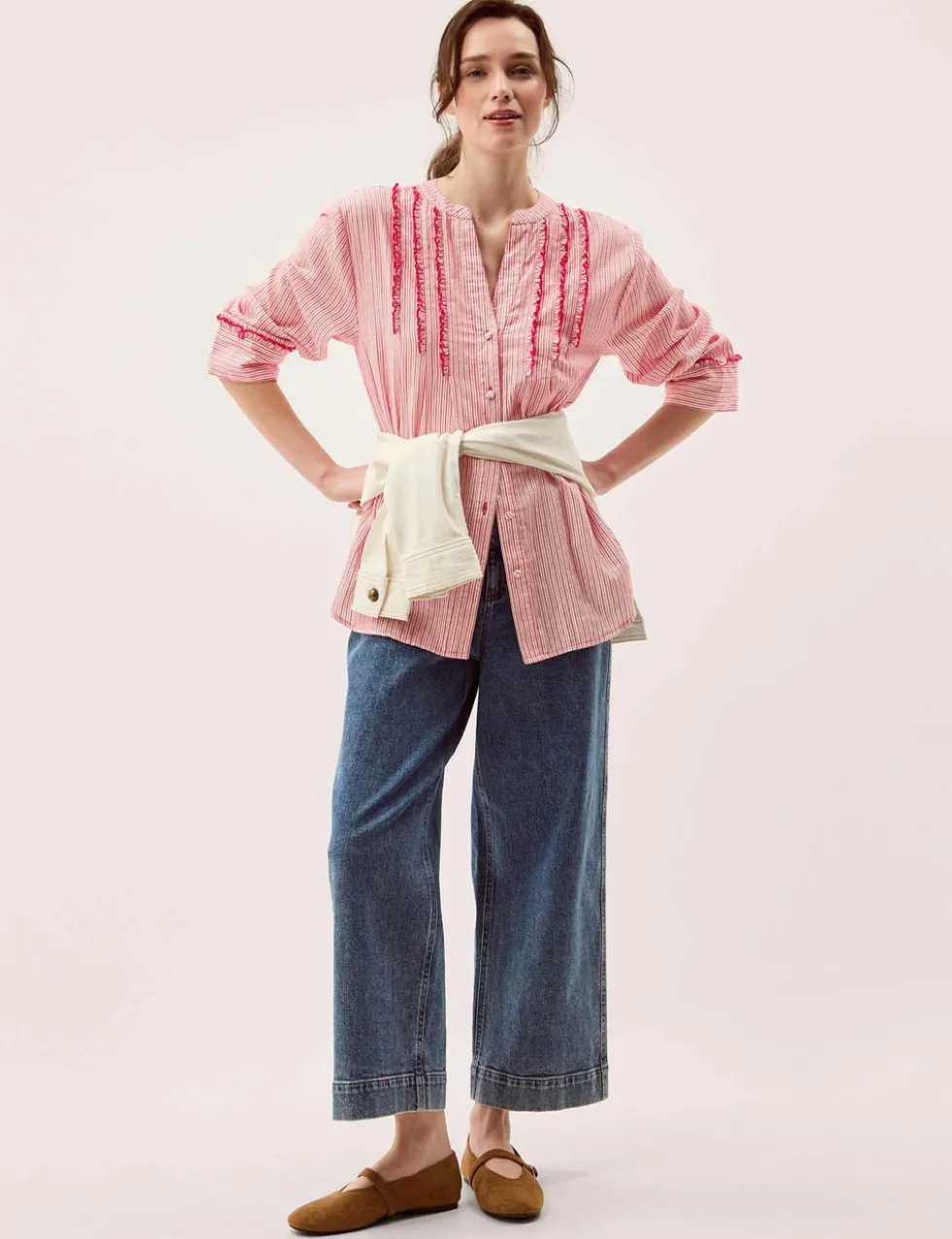 Pure Cotton Striped Notch Neck Ruffle Shirt
