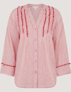 Pure Cotton Striped Notch Neck Ruffle Shirt