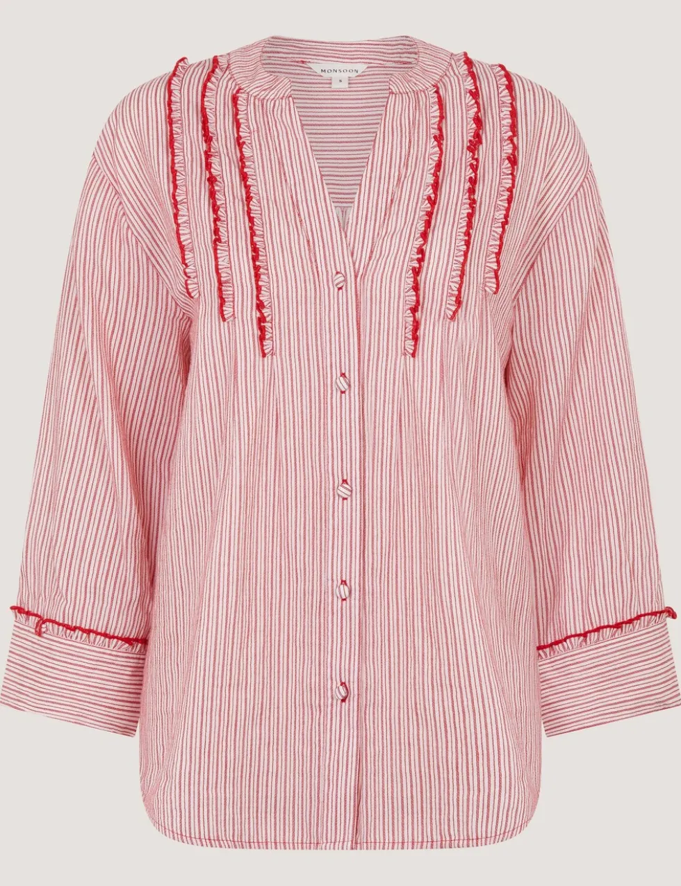 Pure Cotton Striped Notch Neck Ruffle Shirt