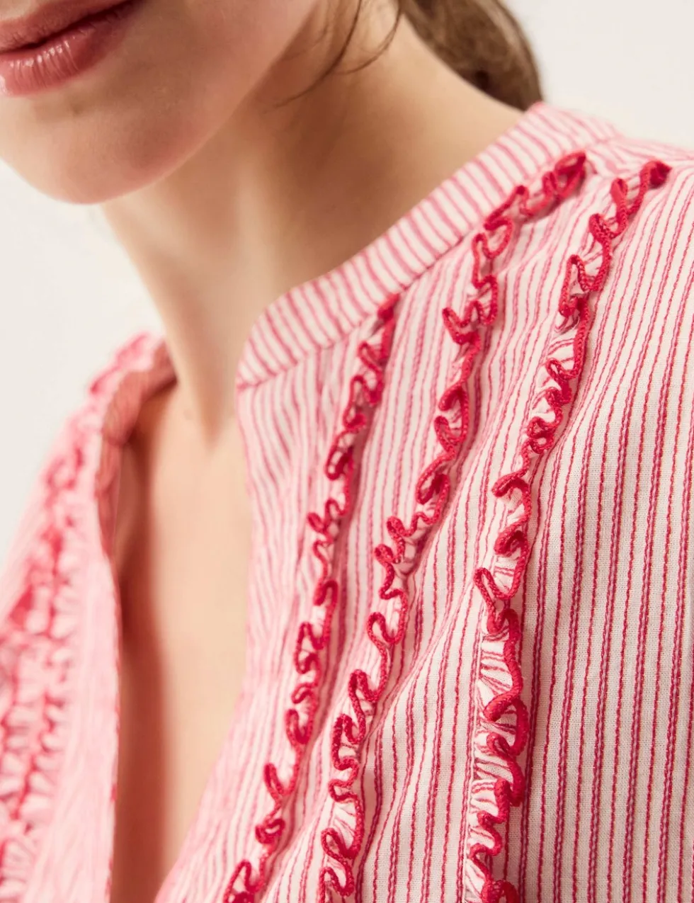 Pure Cotton Striped Notch Neck Ruffle Shirt