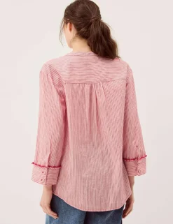 Pure Cotton Striped Notch Neck Ruffle Shirt