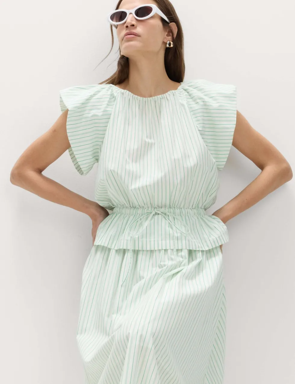 Pure Cotton Striped Puff Sleeve Drawstring Top